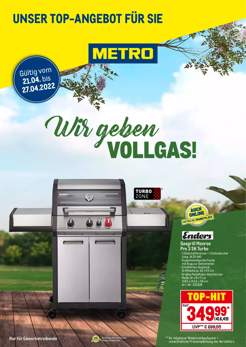 Aktueller Prospekt Metro - Unser Top-Angebot - von 21.04 bis 27.04.2022 - strona 1 - produkty: angebot, edelstahl, eis, elle, ente, fenster, gasgrill, grill, grillfläche, Kocher, LG, reis, teller, Ti, top-angebot, top-hit