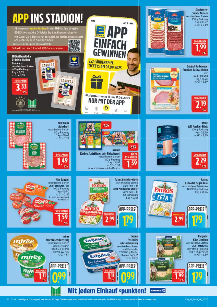 Aktueller Prospekt Marktkauf - Prospekt - von 10.08 bis 16.08.2025 - strona 20 - produkty: auer, aufschnitt, Becher, bergader, bratwurst, eis, elle, exquisa, exquisa frischkäse, feta, filet, filets, fleisch, fleischwurst, forelle, frischkäse, frischkäsezubereitung, gin, Käse, kräuter, krone, lachs, lachsschinken, miree, patros, reis, rel, salami, schinken, stockmeyer, Ti, wiener, würfel, wurst