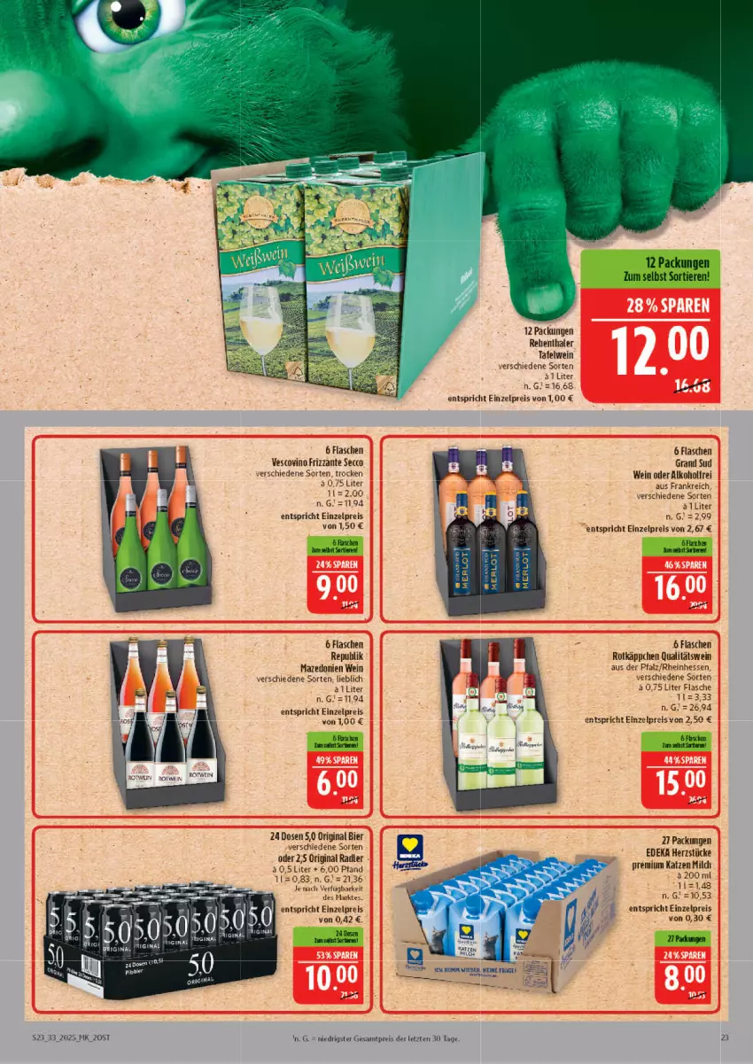 Aktueller Prospekt Marktkauf - Prospekt - von 10.08 bis 16.08.2025 - strona 23 - produkty: alkohol, bier, deka, ecco, eis, flasche, frizzante, gin, grand sud, merl, merlot, milch, pils, qualitätswein, reis, rotkäppchen, rotwein, Ti, Tiere, vescovino, wein, ZTE