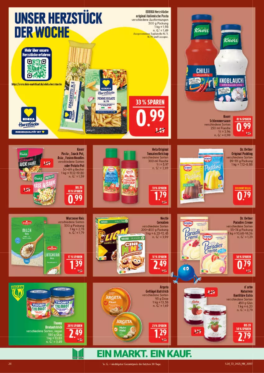 Aktueller Prospekt Marktkauf - Prospekt - von 10.08 bis 16.08.2025 - strona 24 - produkty: aufstrich, Becher, cerealien, creme, deka, discount, Dr. Oetker, elle, flasche, Geflügel, gin, italienische pasta, ketchup, knorr, knorr pasta, konfitüre, konfitüre extra, lasagne, Paradies Creme, pasta, penne, penne rigate, pudding, sauce, schlemmersauce, snack, tagliatelle, Ti, tomate, tomaten