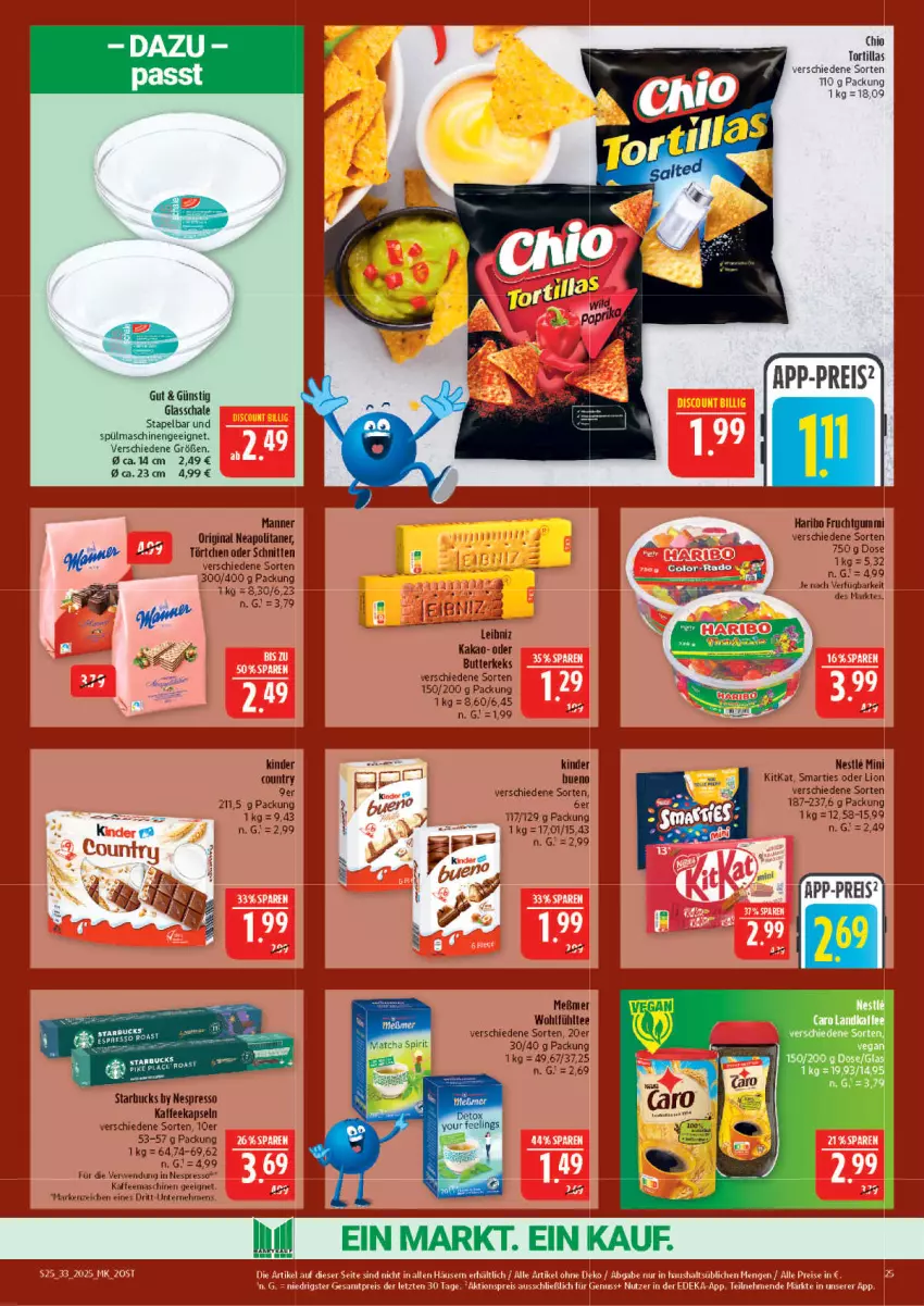 Aktueller Prospekt Marktkauf - Prospekt - von 10.08 bis 16.08.2025 - strona 25 - produkty: butter, butterkeks, eis, espresso, frucht, fruchtgummi, gin, haribo, kaffee, kaffeekapseln, kaffeemaschine, kakao, keks, Kinder, kinder country, kitkat, leibniz, lion, Manner, Meßmer, nespresso, reis, rwe, Schal, Schale, schnitten, smarties, spülmaschinen, starbucks, tee, Ti, Törtchen, tortilla, tortillas