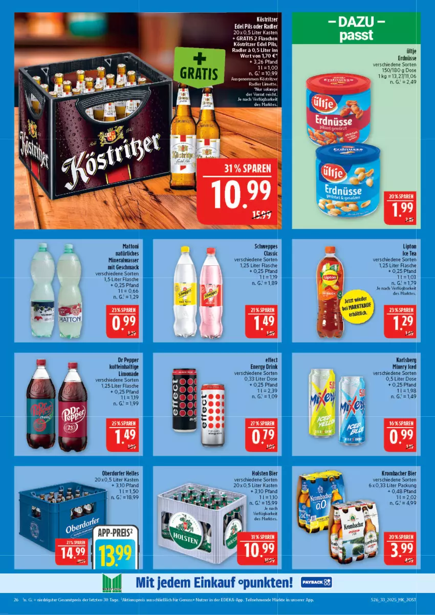 Aktueller Prospekt Marktkauf - Prospekt - von 10.08 bis 16.08.2025 - strona 26 - produkty: Alwa, bier, drink, Effect, elle, energy drink, flasche, holsten, ice tea, karlsberg, köstritzer, krombache, krombacher, limette, limo, limonade, lipton, mac, Mett, mineralwasser, pils, radler, schweppes, tee, Ti, ültje, wasser