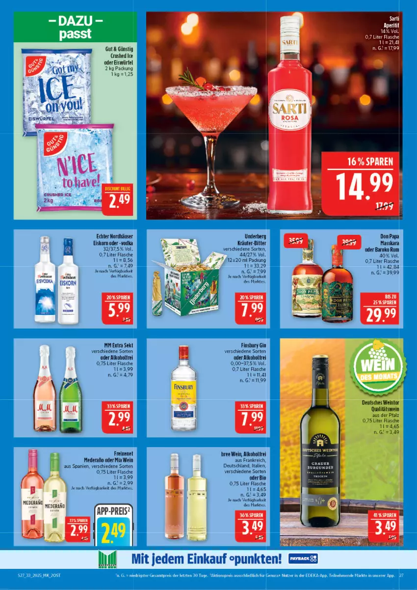Aktueller Prospekt Marktkauf - Prospekt - von 10.08 bis 16.08.2025 - strona 27 - produkty: alkohol, auer, bio, bree, burgunder, crushed ice, eis, eiswürfel, finsbury, flasche, freixenet, gin, grauer burgunder, korn, kräuter, mm extra, qualitätswein, reis, rum, sekt, Ti, underberg, vodka, wein, würfel