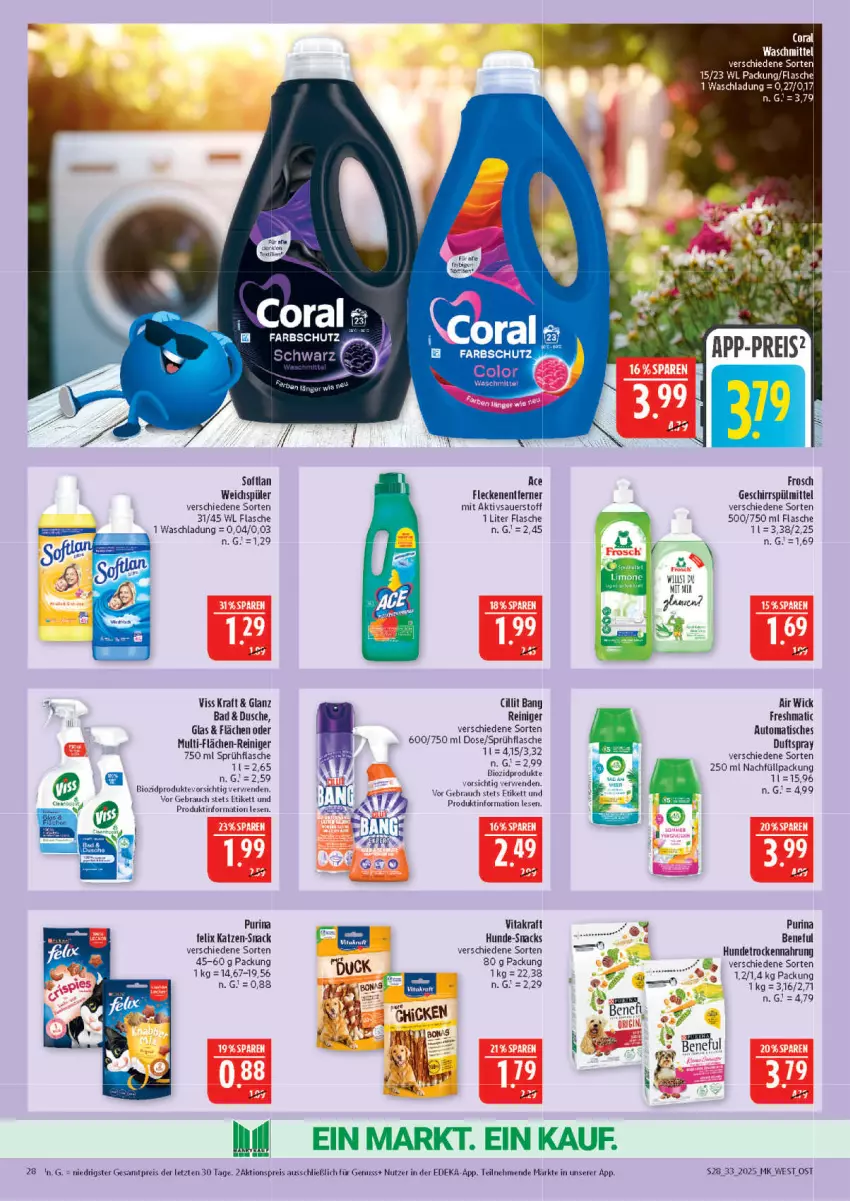 Aktueller Prospekt Marktkauf - Prospekt - von 10.08 bis 16.08.2025 - strona 28 - produkty: Air Wick, aktionspreis, auer, auto, Bad, bio, biozidprodukte, Coral, deka, Duck, Duftspray, dusche, eis, felix, flasche, Frosch, geschirr, geschirrspülmittel, HP, Hundetrockennahrung, kraft, nuss, purina, Rauch, reiniger, reis, rwe, snack, snacks, Softlan, sprühflasche, spülmittel, Ti, tisch, Trockennahrung, vita, vitakraft, waschmittel, weichspüler, WICK, ZTE