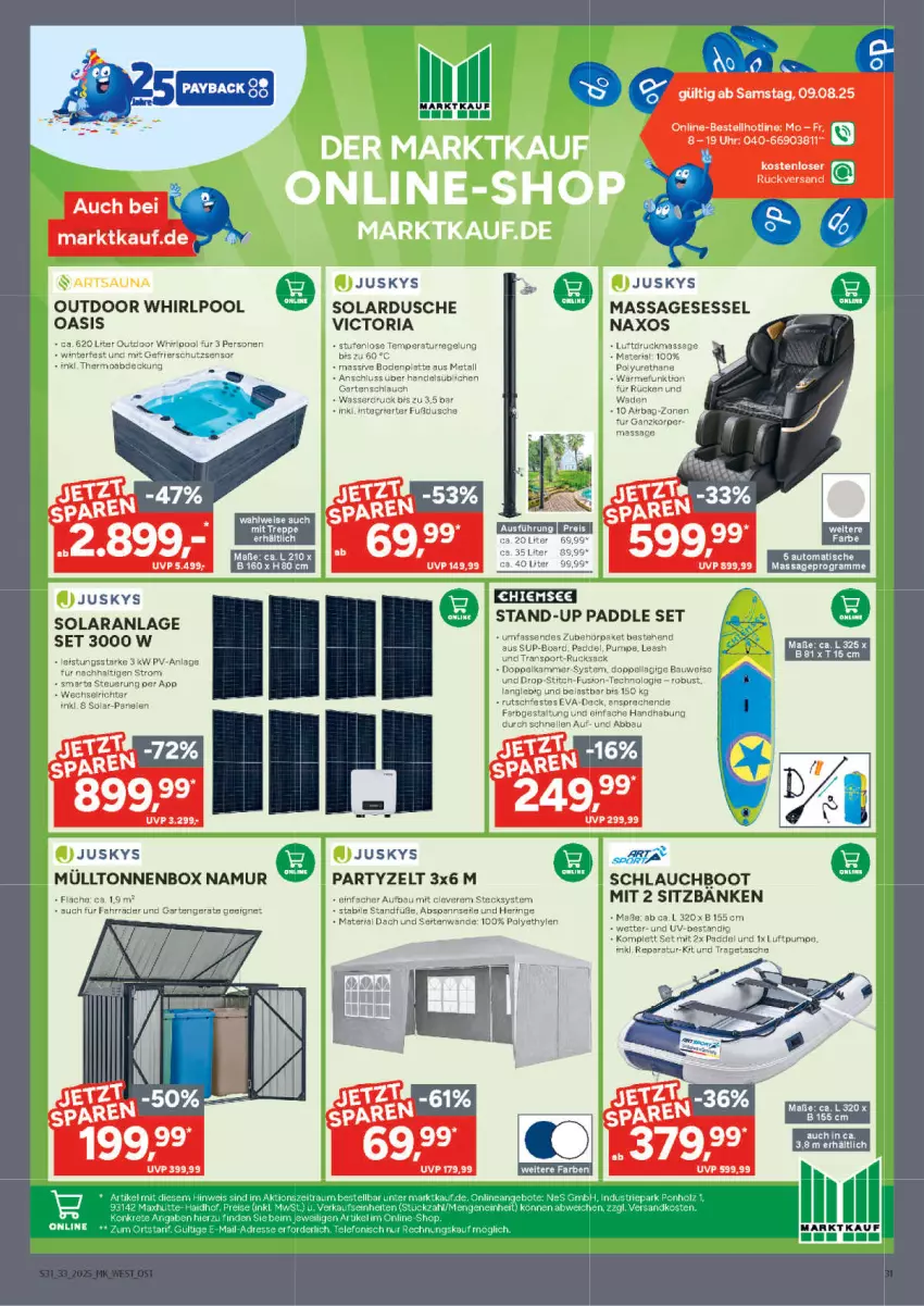 Aktueller Prospekt Marktkauf - Prospekt - von 10.08 bis 16.08.2025 - strona 31 - produkty: Bank, Bau, dusche, eis, Fahrrad, Garten, hering, Herings, pool, Ria, ring, schlauch, sessel, sitzbank, Tasche, Ti, Toner, tragetasche, Whirlpool, Zelt