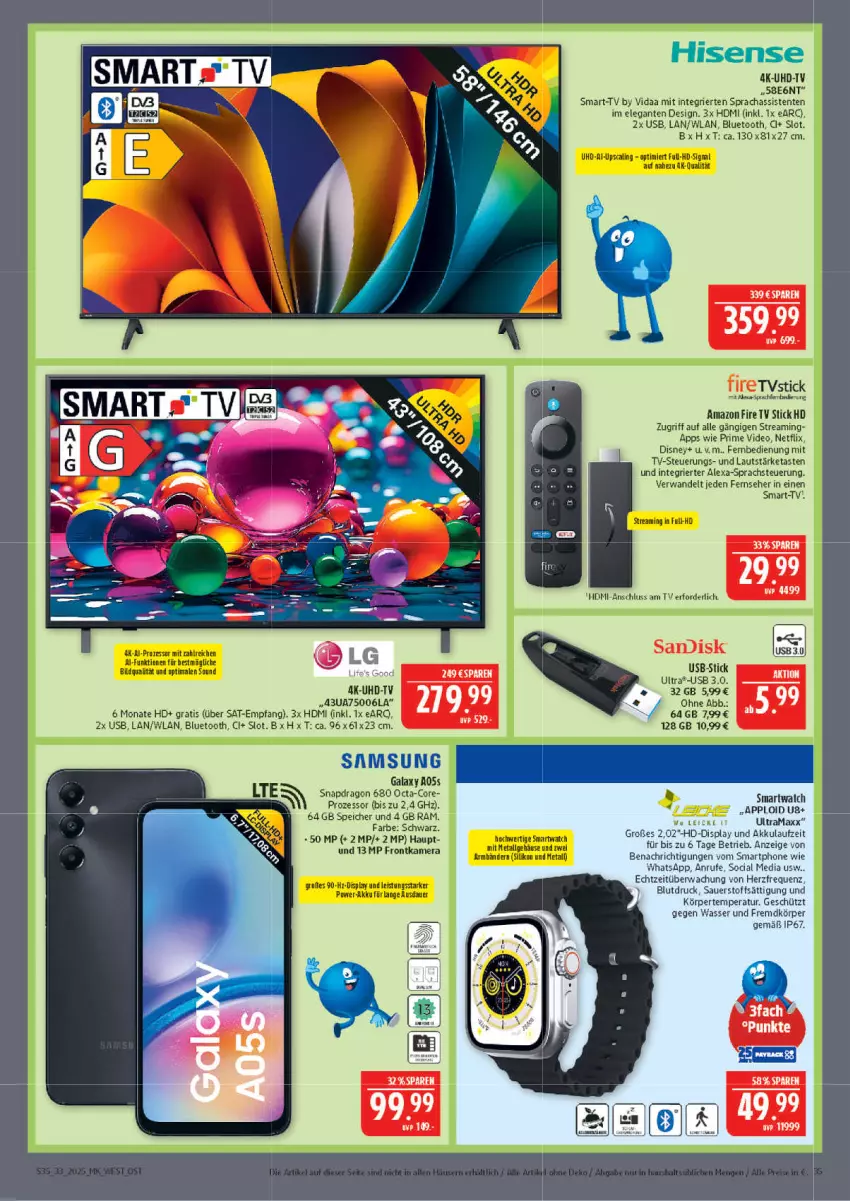 Aktueller Prospekt Marktkauf - Prospekt - von 10.08 bis 16.08.2025 - strona 35 - produkty: akku, alexa, auer, deo, disney, eis, ente, fernbedienung, fernseher, frontkamera, HDMI, hisense, kamera, netflix, rama, Samsung, sigma, smartphone, Ti, uhd, UHD-TV, usb, wasser