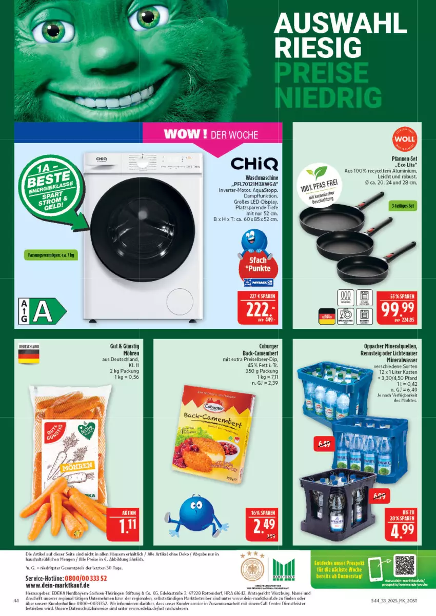 Aktueller Prospekt Marktkauf - Prospekt - von 10.08 bis 16.08.2025 - strona 44 - produkty: Alwa, aqua, aquastop, Astra, auer, burger, camembert, deka, dip, eis, elle, ente, lichtenauer, mineralwasser, möhren, pfanne, pfannen, pfannen-set, reis, ring, sac, Ti, waschmaschine, wasser, ZTE