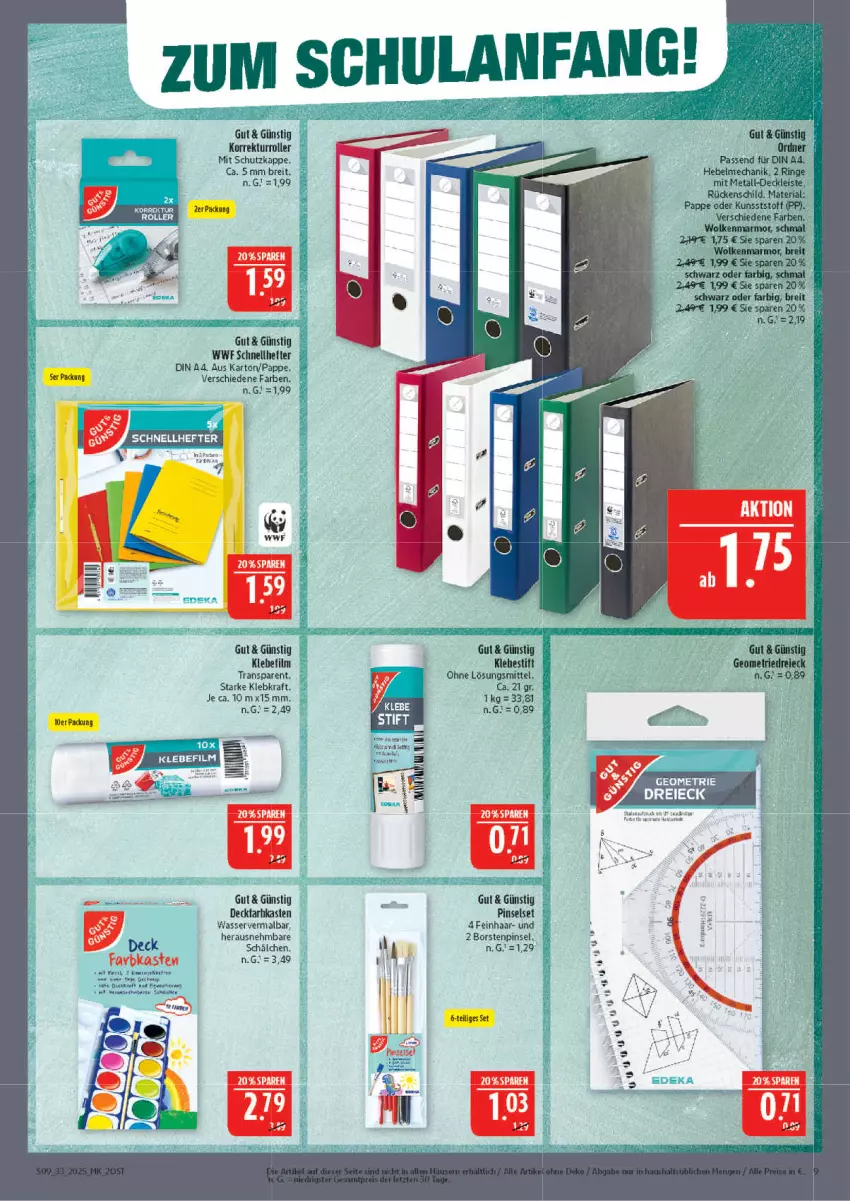 Aktueller Prospekt Marktkauf - Prospekt - von 10.08 bis 16.08.2025 - strona 9 - produkty: Brei, din a4, eis, Hefte, kraft, Pinsel, Pinselset, Ria, ring, Roller, Schnellhefter, Ti, uhr, Vase, wasser