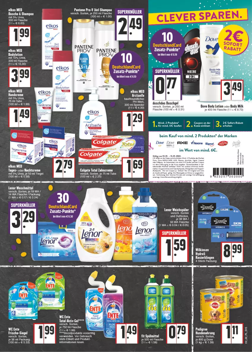 Aktueller Prospekt E Center - Angebote der Woche - von 10.01 bis 15.01.2022 - strona 15 - produkty: aktiv gel, axe, bett, body, body lotion, body milk, colgate, colgate total, coupon, creme, dove, duschdas, dusche, duschgel, elkos, elle, flasche, gin, handcreme, hundenahrung, lenor, lenor waschmittel, lenor weichspüler, LG, Lotion, nachtcreme, pantene, pedigree, Pflegespülung, rexona, shampoo, Signal, sofort-rabatt, spülmittel, spülung, Ti, Vase, waschmittel, weichspüler, wilkinson