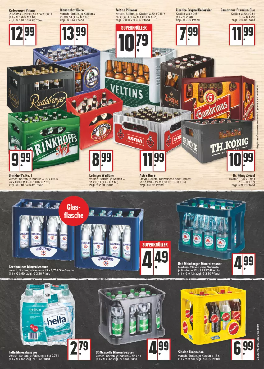 Aktueller Prospekt E Center - Angebote der Woche - von 10.01 bis 15.01.2022 - strona 9 - produkty: Alwa, Astra, Bad, Berger, bett, bier, Biere, elle, erdinger, flasche, gerolsteine, gerolsteiner, getränk, getränke, gin, glasflasche, hella, kellerbier, limo, limonade, limonaden, mineralwasser, Mineralwasser Medium, mönchshof, natur, pils, pilsener, pilsner, radeberger, radeberger pilsner, rel, sinalco, steiner, Ti, urtyp, veltins, veltins pilsener, wasser, WICK