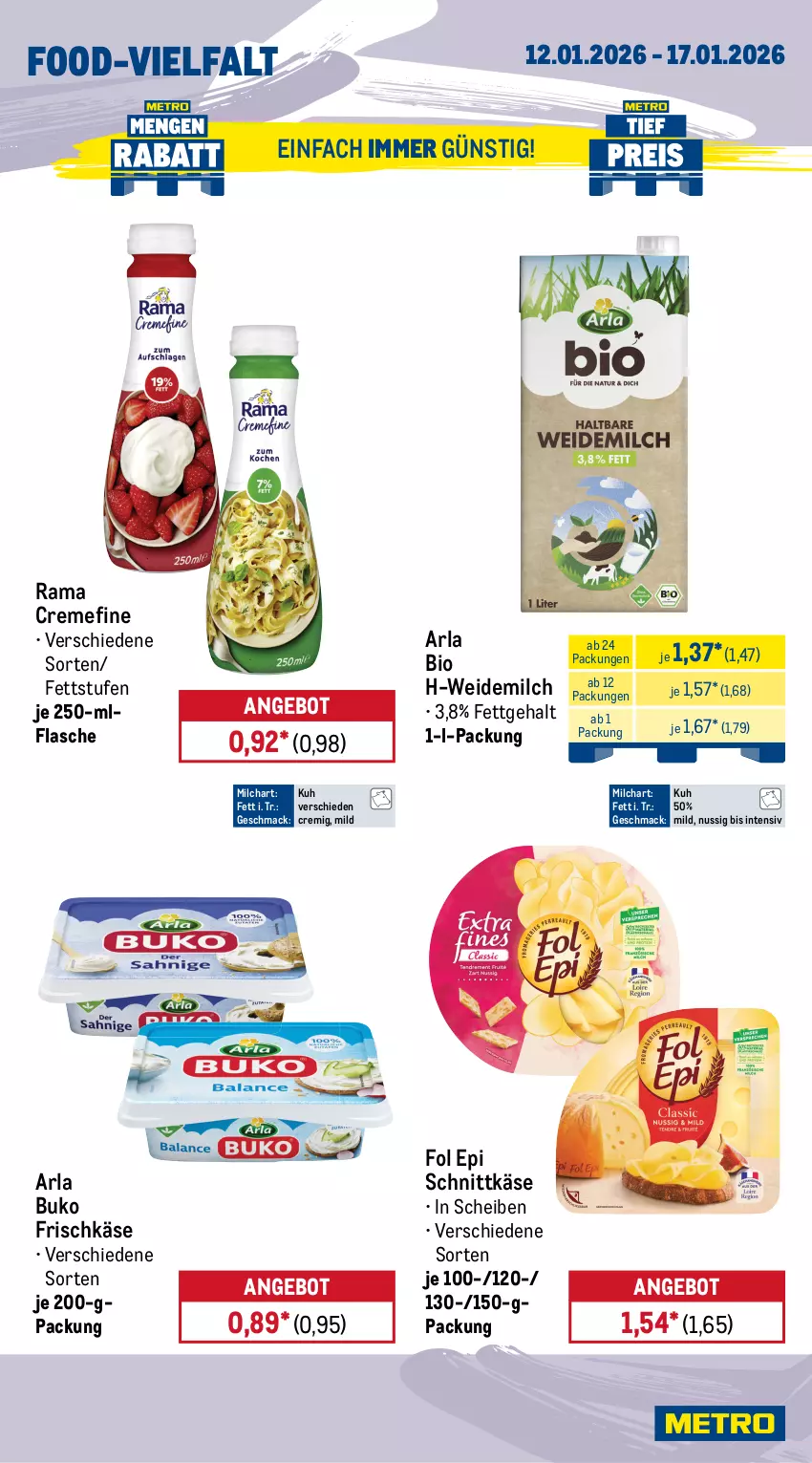 Aktueller Prospekt Metro - Wochen-Angebote - von 12.01 bis 17.01.2026 - strona 10 - produkty: angebot, arla, arla buko, beutel, bio, broccoli, Buko, creme, eis, flasche, fol epi, frischkäse, geback, Käse, lorenz, mac, milch, natur, nuss, pizza, rama, rama cremefine, reis, rügenwalder, rügenwalder mühle, salami, schnittkäse, Ti, weidemilch, wurst