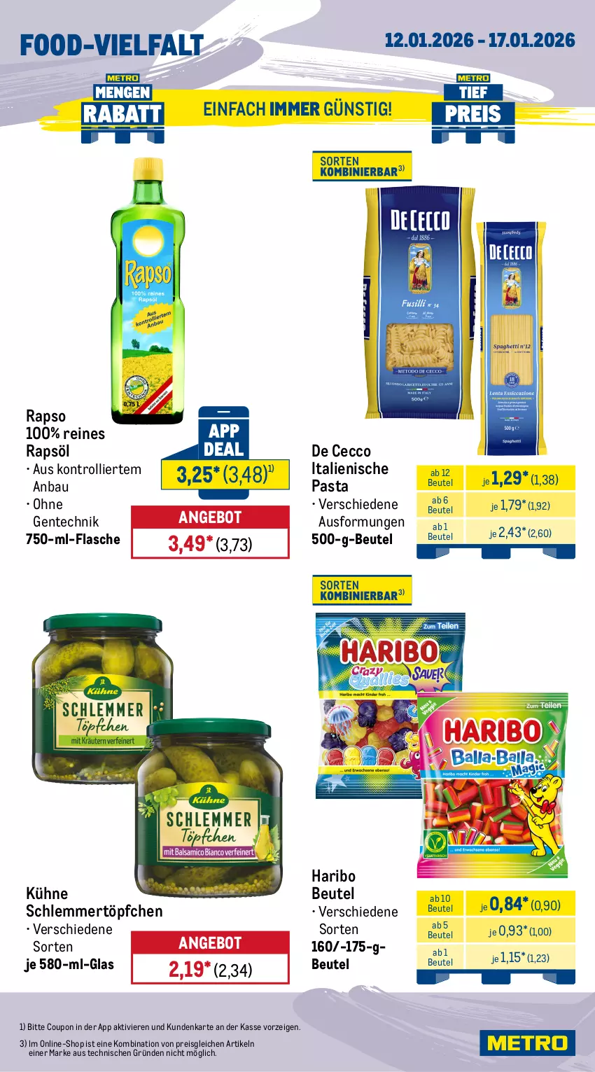 Aktueller Prospekt Metro - Wochen-Angebote - von 12.01 bis 17.01.2026 - strona 12 - produkty: angebot, Bau, bella crema, beutel, bohne, coca-cola, cola, coupon, De Cecco, ecco, eis, ente, espresso, flasche, getränk, getränke, haribo, italienische pasta, Kühne, melitta, Metro, Palette, pasta, pringles, rapso, rapsöl, reines rapsöl, reis, ring, schlemmertöpfchen, Ti, Töpfchen, trolli