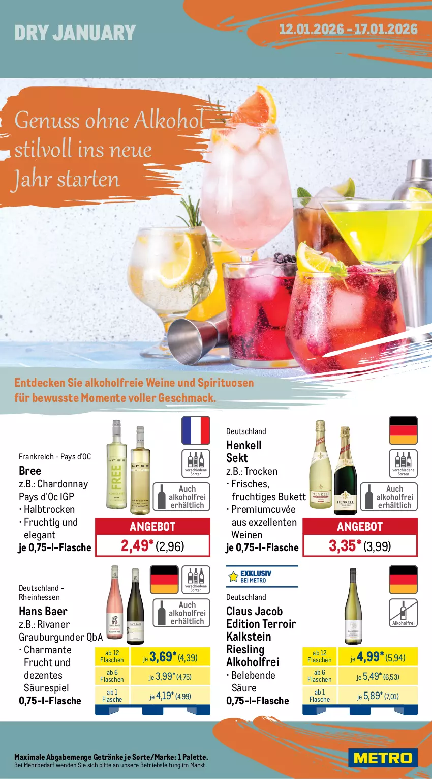Aktueller Prospekt Metro - Wochen-Angebote - von 12.01 bis 17.01.2026 - strona 16 - produkty: alkohol, angebot, bree, burgunder, chardonnay, cuvée, decke, elle, ente, flasche, frucht, getränk, getränke, gordon, Gordon’s, grauburgunder, harman, henkel, henkell, henkell sekt, limo, mac, nuss, ohne alkohol, Palette, riesling, Rivaner, sekt, spirituosen, Ti, wein, weine