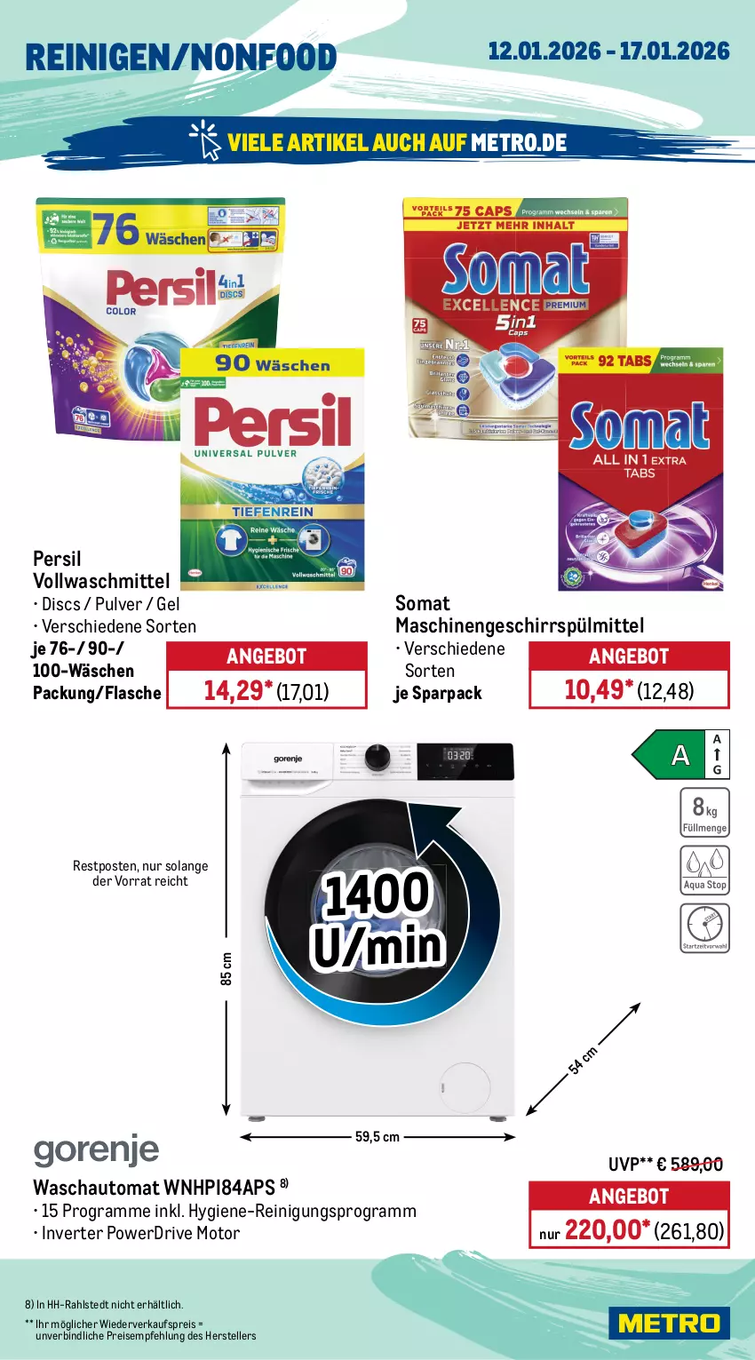 Aktueller Prospekt Metro - Wochen-Angebote - von 12.01 bis 17.01.2026 - strona 18 - produkty: angebot, auto, Behälter, bodenstaubsauger, eis, Elektro, elle, flasche, geschirr, geschirrspülmittel, hochdruckreiniger, HP, kraft, kühlschrank, Metro, persil, reiniger, Reinigung, reis, schlauch, Schrank, somat, spülmittel, staubsauger, teller, Ti, tisch, vollwaschmittel, waschmittel