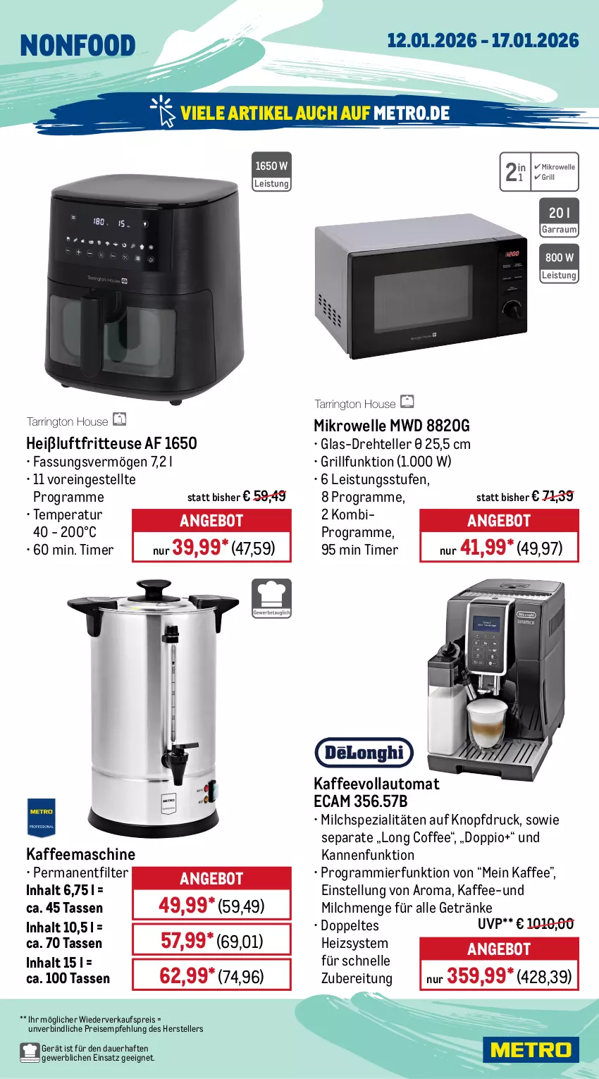 Aktueller Prospekt Metro - Wochen-Angebote - von 12.01 bis 17.01.2026 - strona 22 - produkty: angebot, auer, auto, Babynahrung, edelstahl, eis, elle, frischhaltedosen, fritteuse, garraum, gefrierfach, geschirr, getränk, getränke, getränkespender, grill, Heißluftfritteuse, herdarten, kaffee, kaffeemaschine, kaffeevollautomat, lebensmittel, Metro, mikrowelle, milch, pfanne, reis, Schal, Schale, Spezi, spülmaschinen, tasse, teller, Ti, tiefpreis, timer