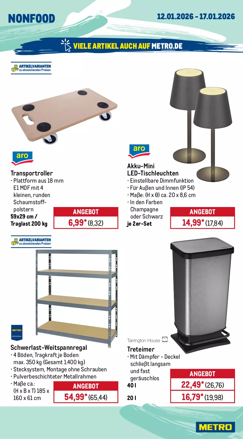 Aktueller Prospekt Metro - Wochen-Angebote - von 12.01 bis 17.01.2026 - strona 24 - produkty: akku, angebot, champagne, decke, Deckel, eimer, kraft, led-tischleuchte, leine, Leuchte, leuchten, Metro, regal, Roller, schrauben, Sport, Ti, tisch, tischleuchte, treteimer