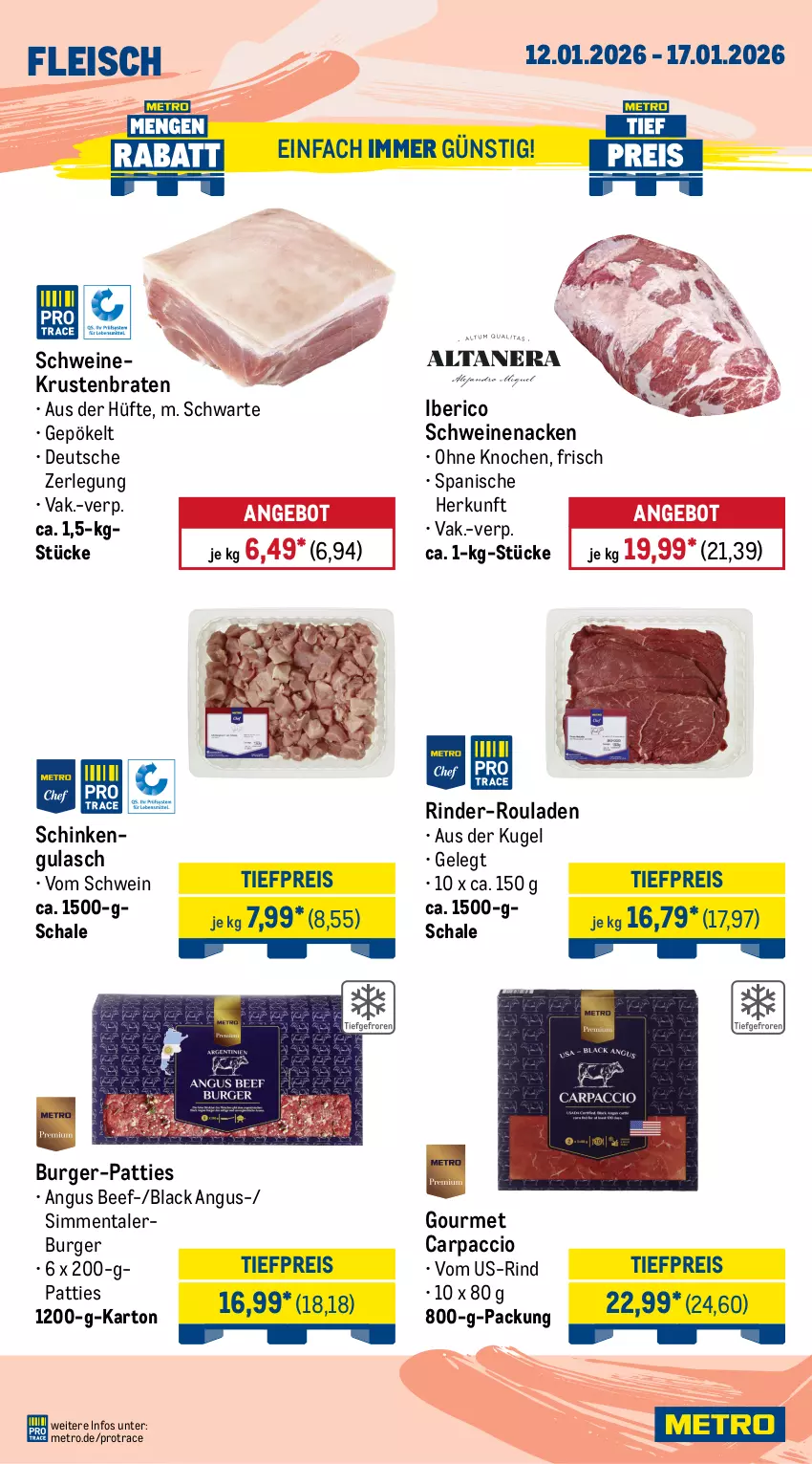 Aktueller Prospekt Metro - Wochen-Angebote - von 12.01 bis 17.01.2026 - strona 3 - produkty: ACC, angebot, beef, braten, burger, Carpaccio, decke, Deckel, eis, Falsches Filet, filet, fleisch, gulasch, henkel, Kette, krustenbraten, Kugel, lack, lamm, Metro, natur, reis, rind, rinder, rinder-rouladen, rinderbraten, Rindersteak, roastbeef, rouladen, Schal, Schale, schenkel, schinken, schnitten, schwein, schweine, schweinenacken, sim, steak, steakhüfte, tafelspitz, Ti, tiefpreis, wein, weine