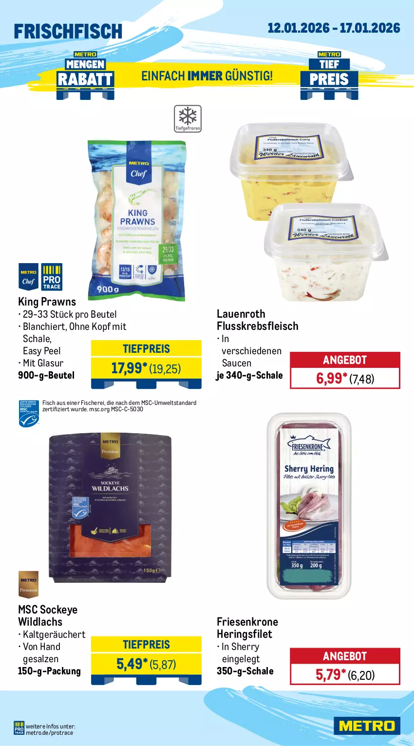 Aktueller Prospekt Metro - Wochen-Angebote - von 12.01 bis 17.01.2026 - strona 7 - produkty: Abtei, angebot, angebote, aqua, beutel, bsf, eis, elle, filet, fisch, fische, Fischer, fleisch, forelle, frischfisch, hering, Herings, Krebs, krone, lachs, Metro, prawns, reis, rel, ring, Rotbarsch, rotbarschfilet, rwe, salz, sauce, saucen, Schal, Schale, Schere, Sport, steak, steaks, thunfisch, Ti, tiefpreis, Wild, wildlachs