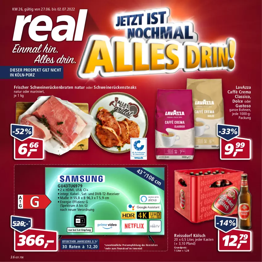 Aktueller Prospekt Real - von 27.06 bis 02.07.2022 - strona 1 - produkty: bohne, bohnen, braten, caffè crema, classico, dvb, DVB-T, eis, elle, ente, HDMI, lavazza, natur, Receiver, reis, reiss, Rückenbraten, Rückensteak, rückensteaks, rum, schwein, schweine, schweinerücken, Spektrum, ssd, steak, steaks, teller, Ti, usb, wein, weine