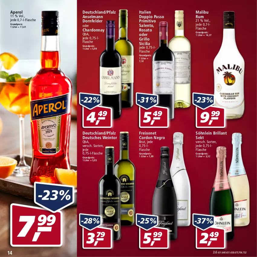 Aktueller Prospekt Real - von 27.06 bis 02.07.2022 - strona 14 - produkty: aperol, brillant sekt, brut, chardonnay, doppio passo, dornfelder, eis, flasche, freixenet, grill, grillo, Malibu, passo, primitivo, reis, rosato, rum, sekt, söhnlein, söhnlein brillant, Ti, wein