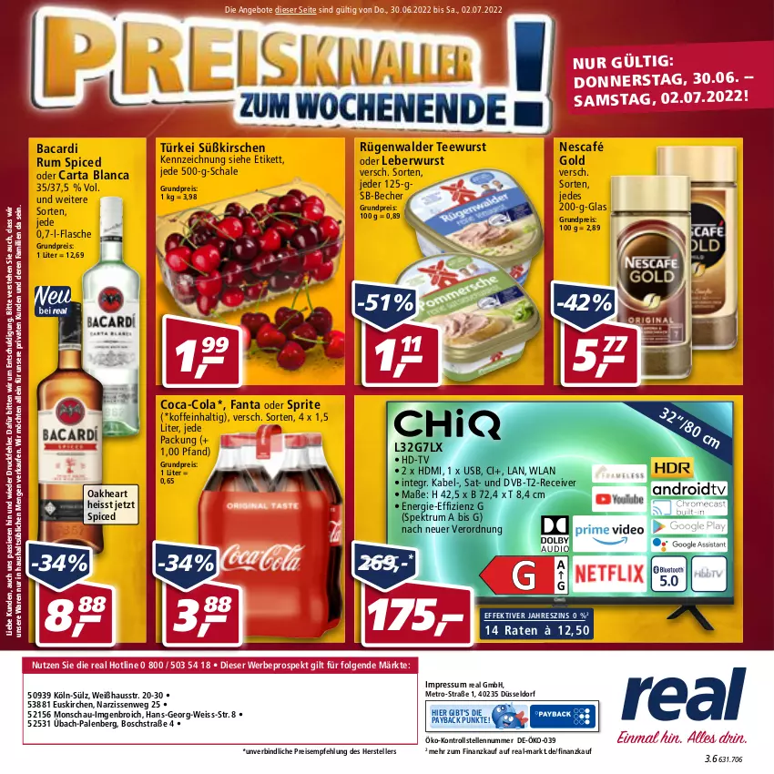 Aktueller Prospekt Real - von 27.06 bis 02.07.2022 - strona 24 - produkty: angebot, angebote, bacardi, bacardi rum, Becher, bosch, coca-cola, cola, dvb, DVB-T, eis, elle, fanta, fanta oder, fanta oder sprite, flasche, HDMI, kirsch, kirsche, kirschen, leberwurst, LG, Metro, Narzissen, Nescafé, nescafé gold, oakheart, oder sprite, payback, Receiver, reis, rügenwalder, rum, Schal, Schale, Spektrum, sprite, tee, teewurst, teller, Ti, usb, wurst