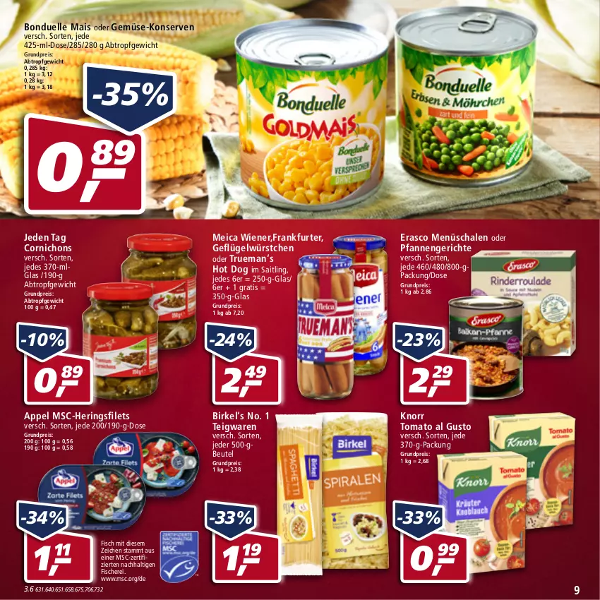 Aktueller Prospekt Real - von 27.06 bis 02.07.2022 - strona 9 - produkty: beutel, birkel, bonduelle, eis, elle, erasco, filet, filets, fisch, fische, Fischer, frankfurter, Geflügel, hering, Herings, heringsfilets, hot dog, knorr, Konserven, LG, mais, meica, pfanne, pfannen, reis, ring, Schal, Schale, Schere, teigwaren, Ti, tomato al gusto, wiener, würstchen