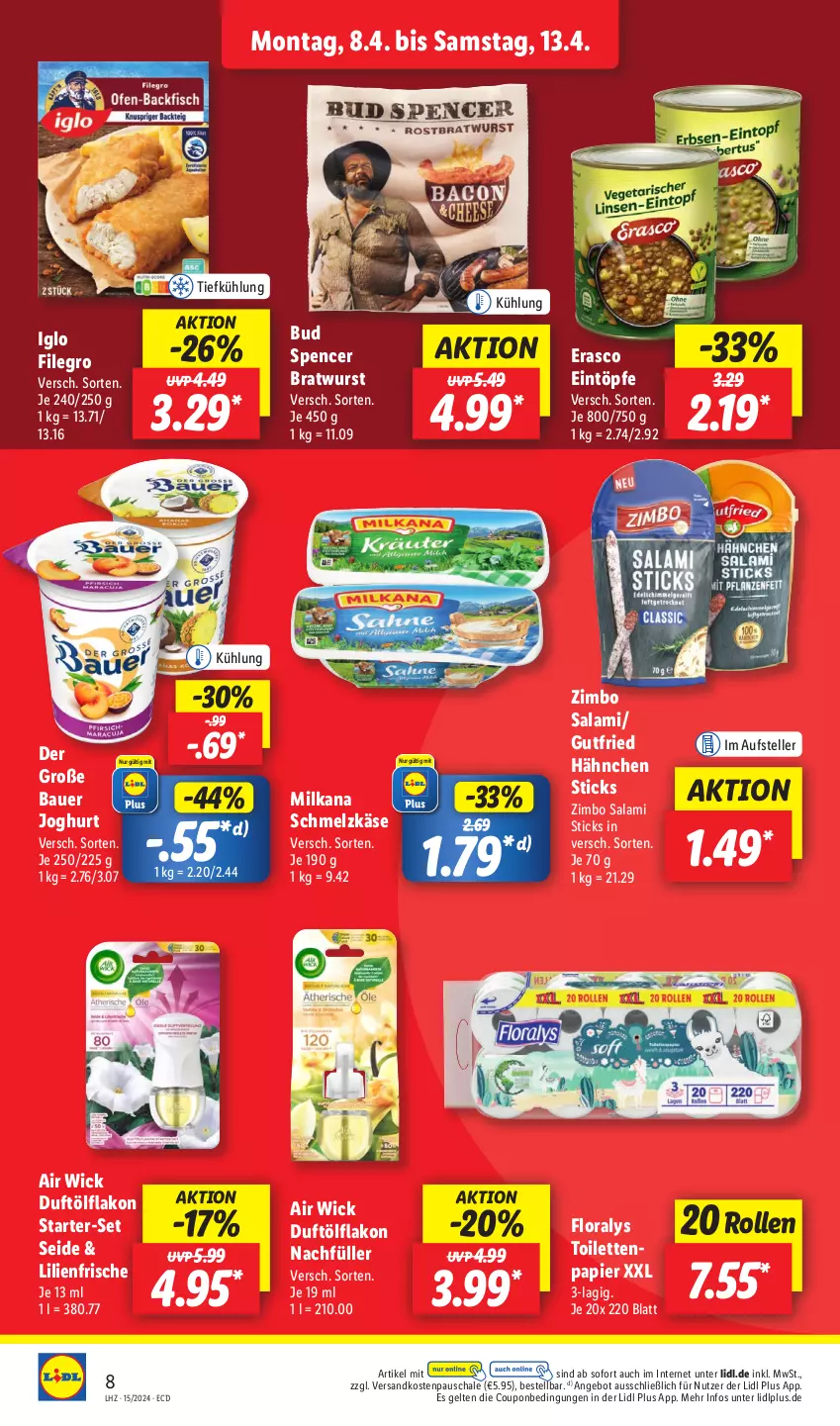 Aktueller Prospekt Lidl - Aktionsprospekt - von 08.04 bis 13.04.2024 - strona 10 - produkty: Air Wick, angebot, auer, Bau, Bauer, bratwurst, coupon, eintöpfe, elle, erasco, filegro, Floralys, gutfried, iglo, joghur, joghurt, Käse, milka, milkana, ndk, papier, salami, Schal, Schale, Schmelzkäse, teller, Ti, toilettenpapier, WICK, wurst, zimbo