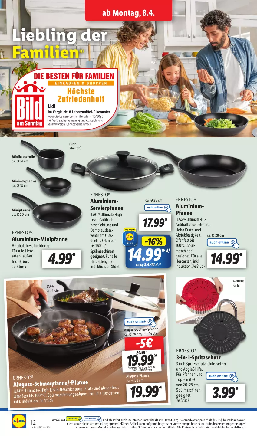 Aktueller Prospekt Lidl - Aktionsprospekt - von 08.04 bis 13.04.2024 - strona 16 - produkty: Aluguss-Pfanne, angebot, brie, decke, Deckel, dell, eis, elle, ernesto, Glasdeckel, herdarten, ilag, Mode, ndk, Ofen, pfanne, pfannen, Pfau, reis, Schal, Schale, Spritzschutz, Ti, Untersetzer, wok, ZTE