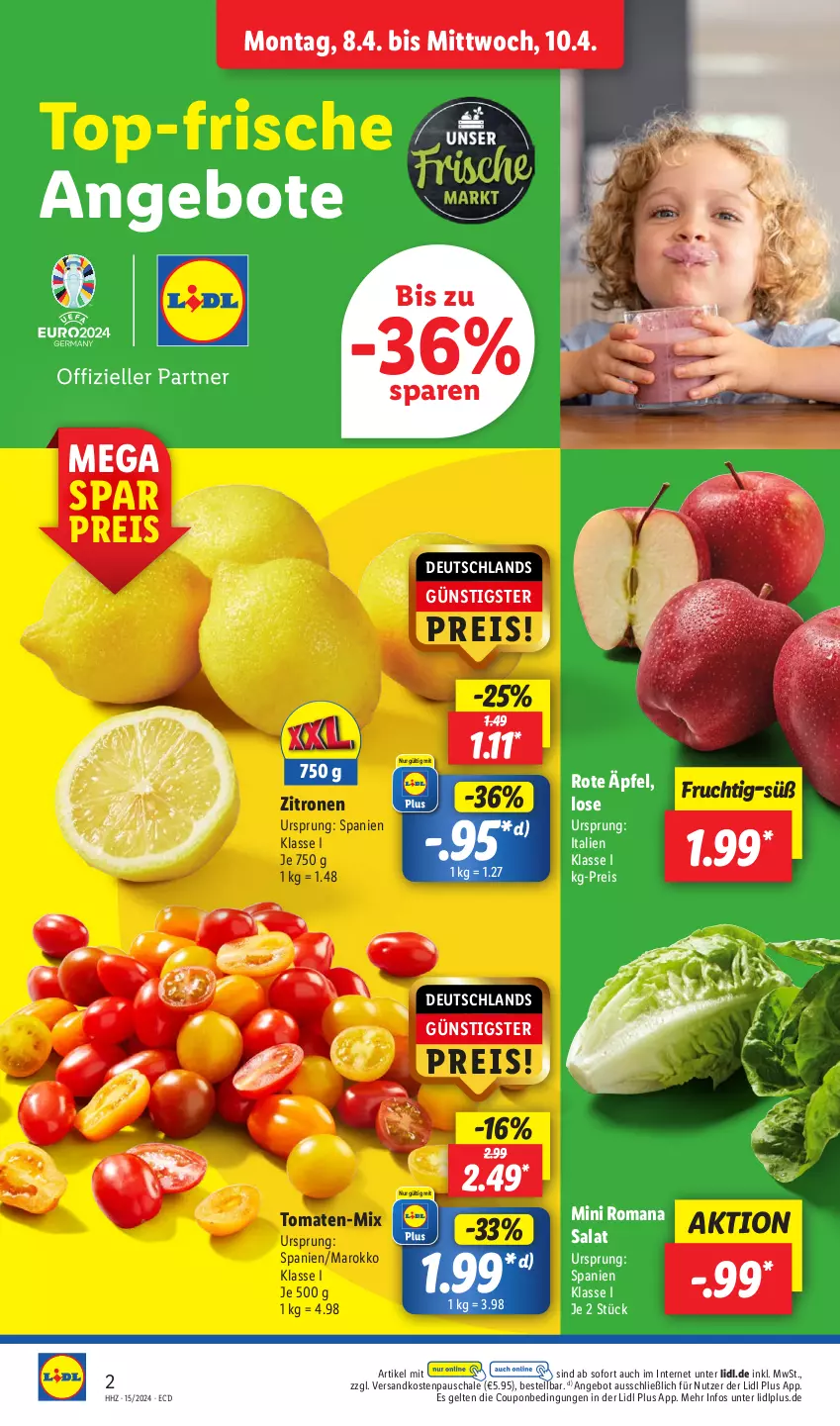 Aktueller Prospekt Lidl - Aktionsprospekt - von 08.04 bis 13.04.2024 - strona 2 - produkty: angebot, angebote, coupon, eis, frucht, ndk, reis, salat, Schal, Schale, Ti, tomate, tomaten, zitrone, zitronen