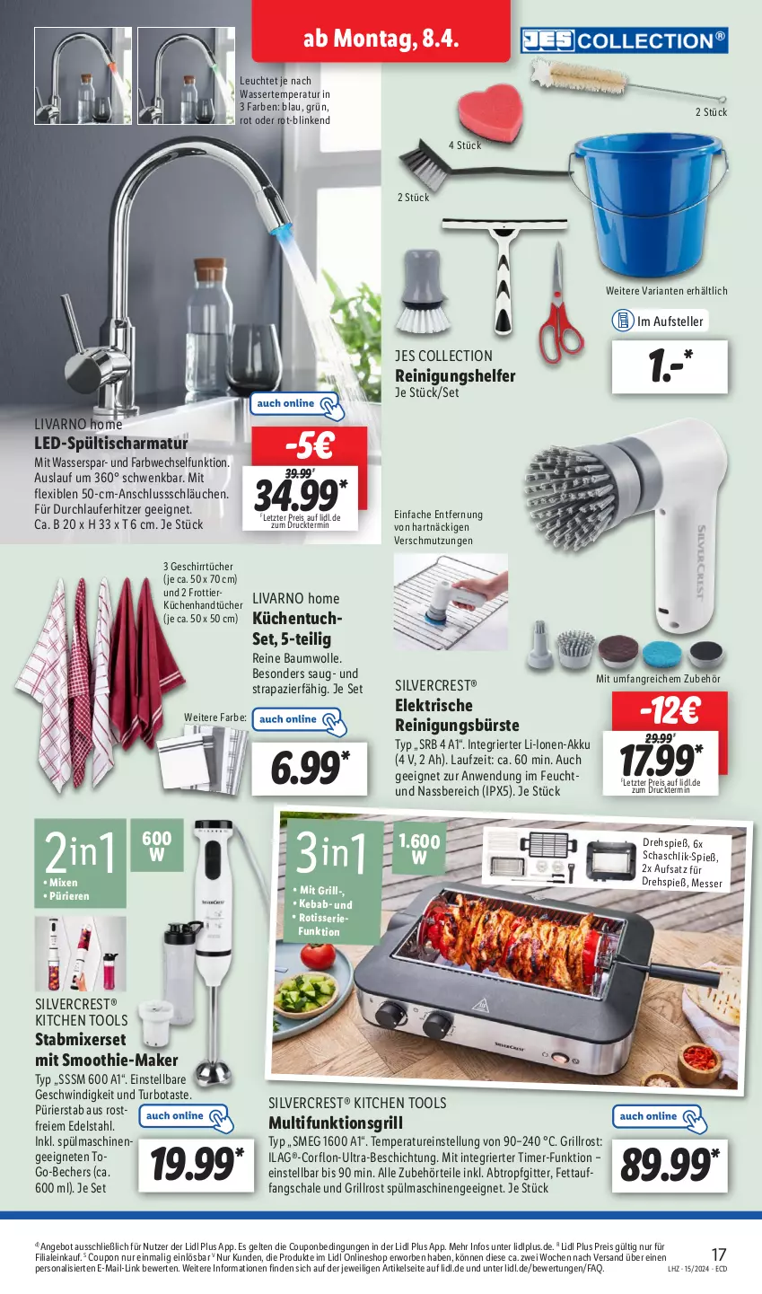 Aktueller Prospekt Lidl - Aktionsprospekt - von 08.04 bis 13.04.2024 - strona 21 - produkty: akku, angebot, armatur, Bau, baumwolle, Becher, bürste, coupon, edelstahl, eis, elle, geschirr, geschirrtücher, grill, grillrost, handtücher, ilag, küche, Küchen, Leuchte, messer, Mixer, Persona, reine baumwolle, Reinigung, reinigungsbürste, reis, Ria, Schal, Schale, schläuche, silvercrest, smoothie, spülmaschinen, Spültischarmatur, stabmixer, teller, Ti, timer, tisch, tuc, tücher, wasser, wolle, ZTE