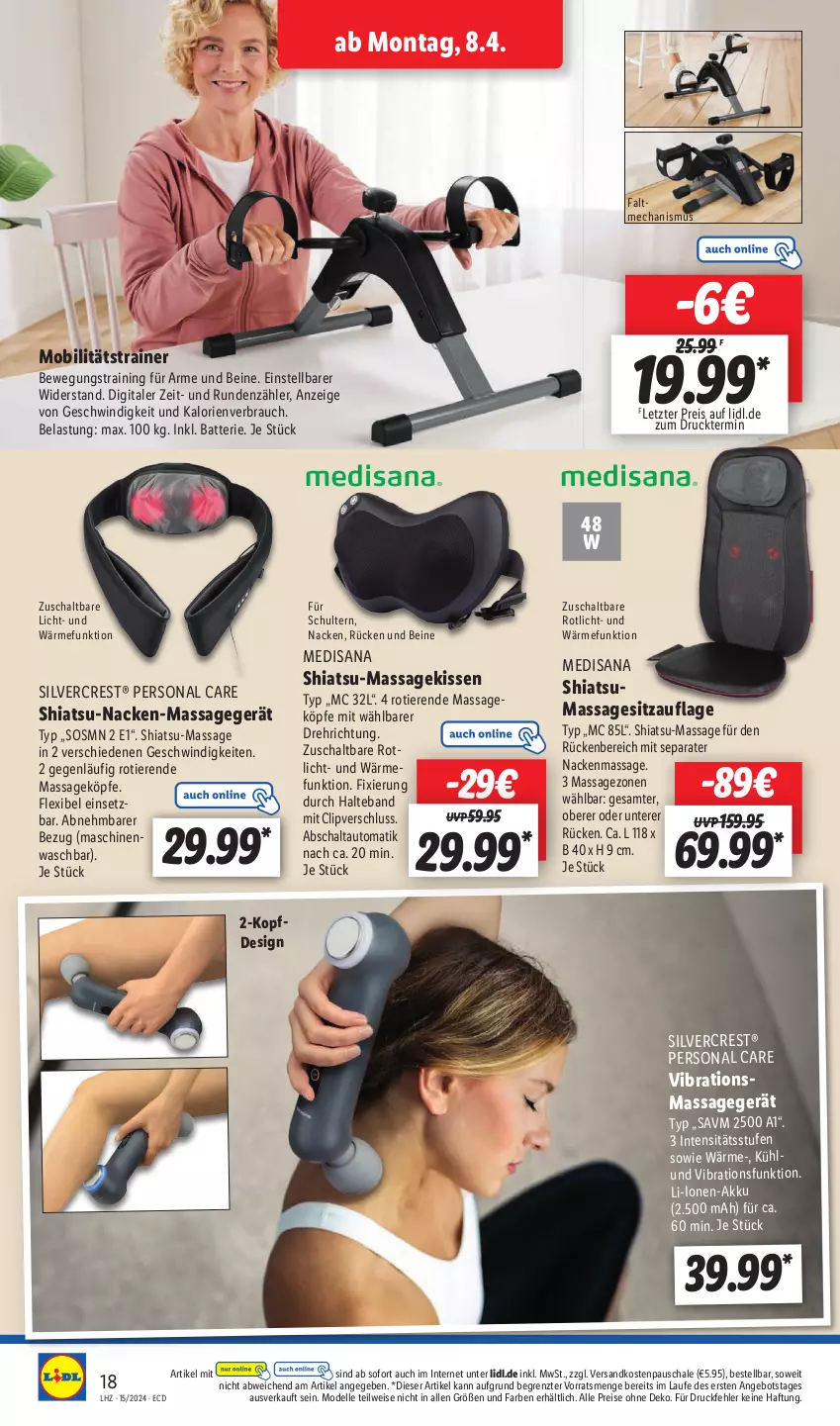 Aktueller Prospekt Lidl - Aktionsprospekt - von 08.04 bis 13.04.2024 - strona 22 - produkty: akku, angebot, auto, batterie, dell, eis, elle, isana, kissen, Massagegerät, Massagesitzauflage, medisana, Mode, ndk, Persona, Rauch, reis, sana, Schal, Schale, silvercrest, Sitzauflage, Ti, Tiere, ZTE