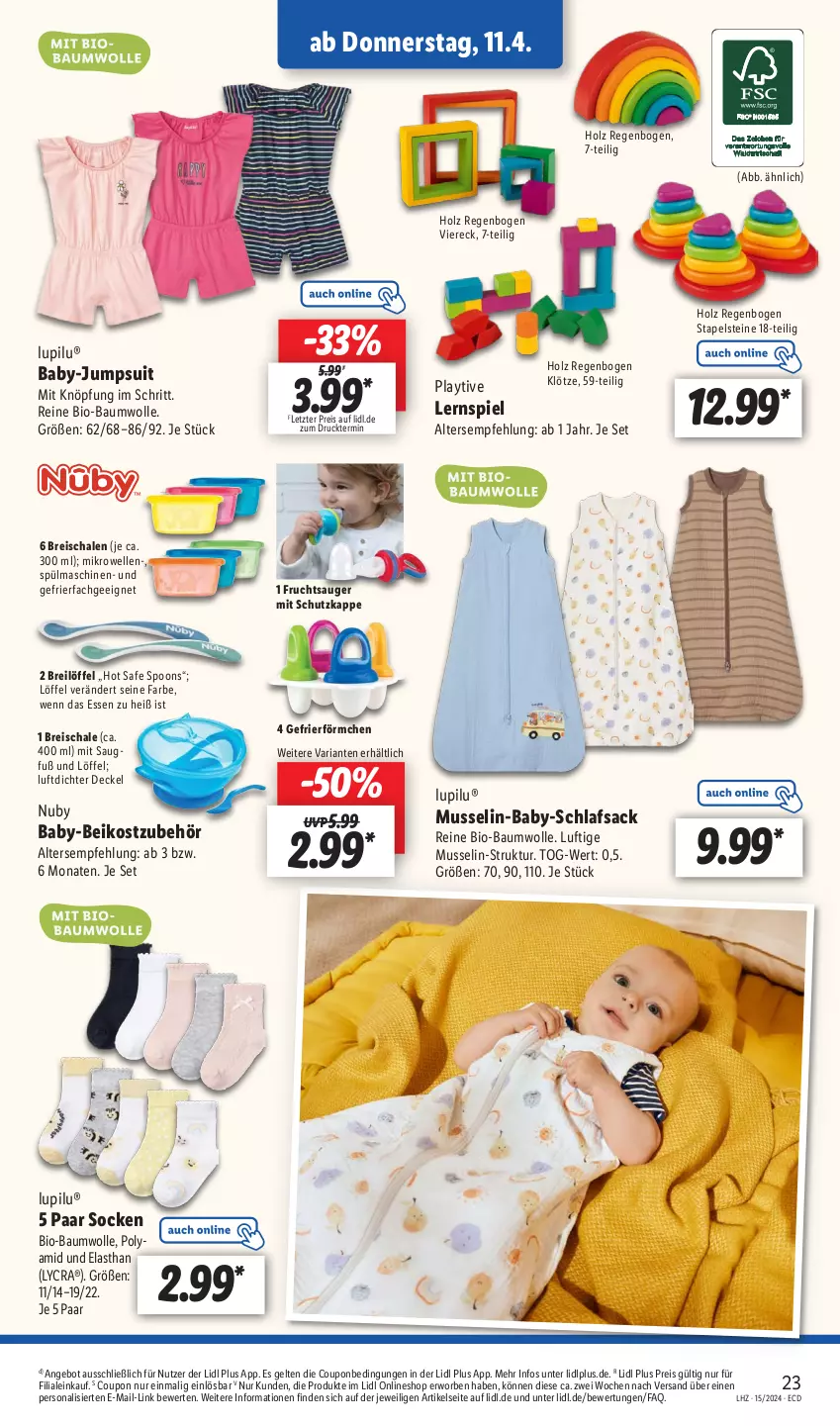 Aktueller Prospekt Lidl - Aktionsprospekt - von 08.04 bis 13.04.2024 - strona 27 - produkty: angebot, Bau, baumwolle, bio, bio-baumwolle, Brei, coupon, decke, Deckel, eis, elle, frucht, gefrierfach, Holz, jumpsuit, Lernspiel, Löffel, lupilu, mikrowelle, Persona, reis, Ria, sac, Schal, Schale, schlafsack, socken, spülmaschinen, Ti, wolle, ZTE