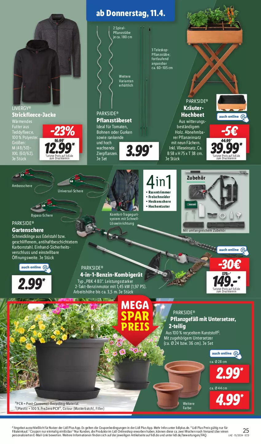 Aktueller Prospekt Lidl - Aktionsprospekt - von 08.04 bis 13.04.2024 - strona 33 - produkty: angebot, asti, bohne, bohnen, boss, Clin, coupon, edelstahl, eis, Garten, Gartenschere, gsw, gurke, gurken, heckenschere, Holz, Jacke, kräuter, Laufen, livergy, Parkside, Persona, pflanze, pflanzen, rasen, rasentrimmer, reis, Ria, Schere, Teleskop, Ti, tomate, tomaten, Untersetzer, ZTE