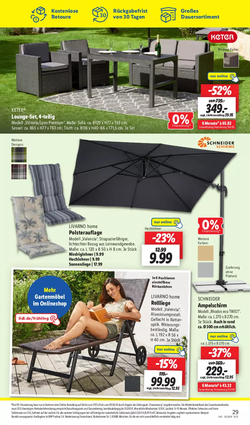 Aktueller Prospekt Lidl - Aktionsprospekt - von 08.04 bis 13.04.2024 - strona 39 - produkty: aluminiumgestell, ampelschirm, auer, dell, eimer, eis, erde, Garten, gartenmöbel, korb, latte, Liege, lounge-set, möbel, Mode, reis, Ria, rückenlehne, sessel, Sofa, sonnenliege, Ti, tisch, Yo