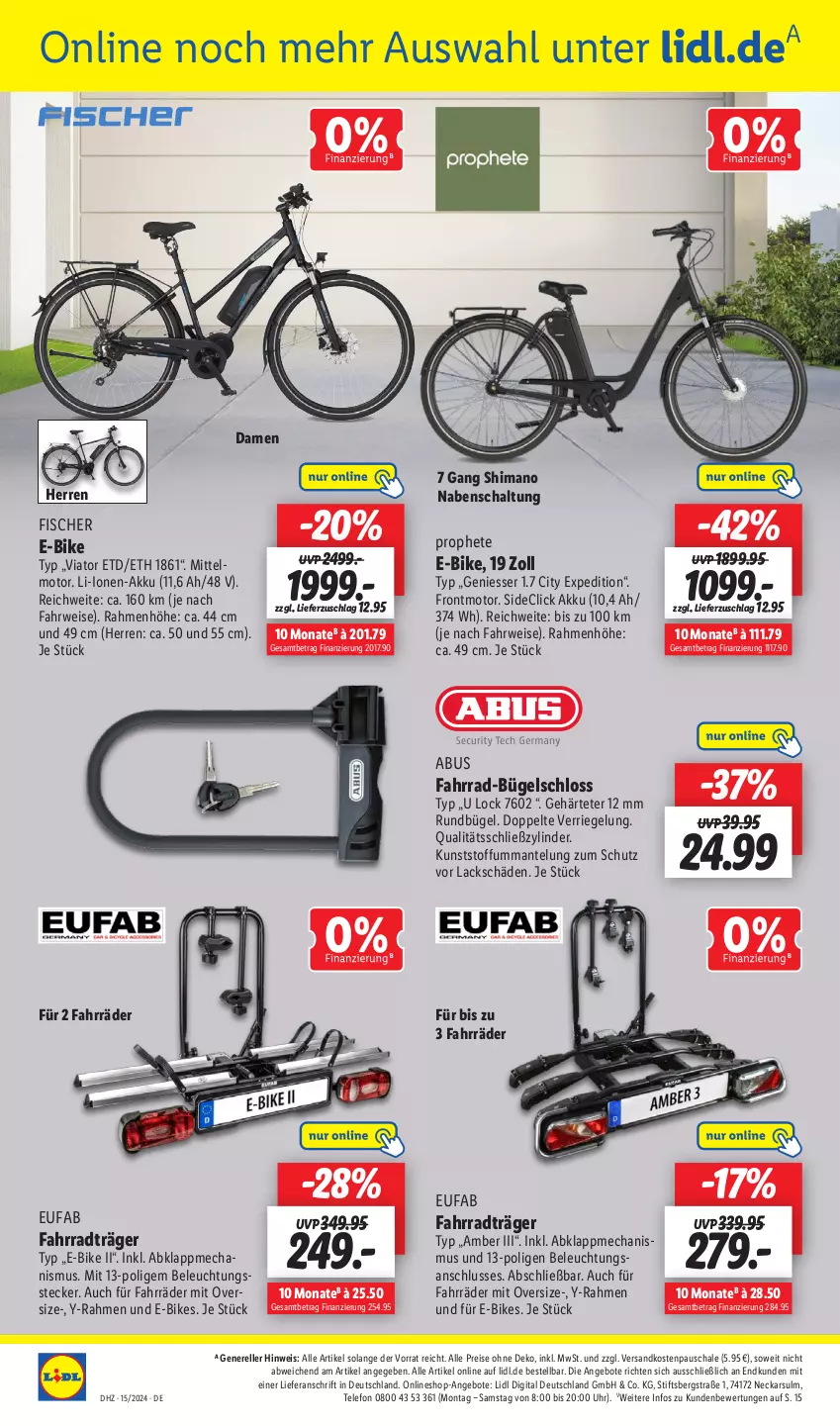 Aktueller Prospekt Lidl - Aktionsprospekt - von 08.04 bis 13.04.2024 - strona 40 - produkty: abus, akku, Amber, angebot, angebote, beleuchtung, bügel, E-Bike, E-Bikes, eis, elle, eufab, Fahrrad, fisch, fische, Fischer, lack, Mantel, ndk, prophete, reis, rel, riegel, rwe, Schal, Schale, shimano, telefon, Ti, uhr