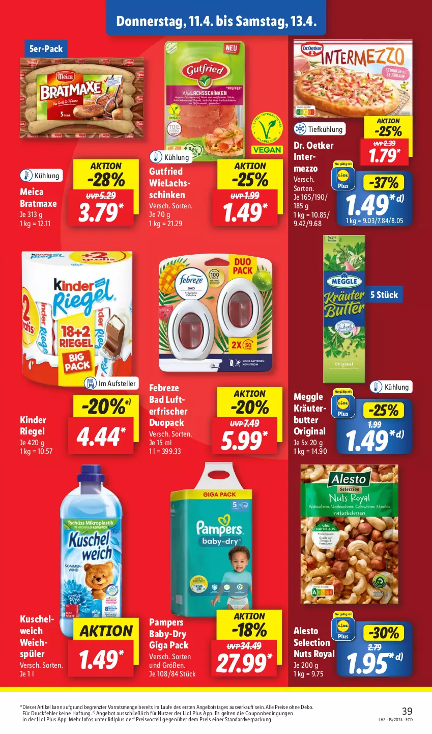 Aktueller Prospekt Lidl - Aktionsprospekt - von 08.04 bis 13.04.2024 - strona 51 - produkty: alesto, angebot, axe, baby-dry, Bad, bratmaxe, butter, coupon, Dr. Oetker, eis, elle, febreze, gin, gutfried, intermezzo, Kinder, kinder riegel, kräuter, kräuterbutter, Kuschelweich, lachs, lachsschinken, lufterfrischer, meggle, meica, pampers, preisvorteil, reis, riegel, schinken, teller, Ti, weichspüler, ZTE