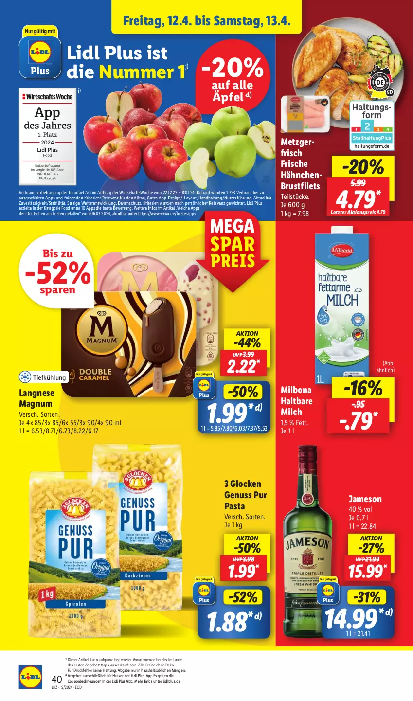 Aktueller Prospekt Lidl - Aktionsprospekt - von 08.04 bis 13.04.2024 - strona 52 - produkty: aktionspreis, angebot, Bona, brustfilet, coupon, drucker, eis, Engel, filet, filets, Frische Hähnchen, hähnchenbrust, hähnchenbrustfilet, haltbare milch, jameson, kerze, langnese, LG, magnum, Milbona, milch, nuss, papier, pasta, Rauch, reis, rel, Ti, WICK, Yo, ZTE