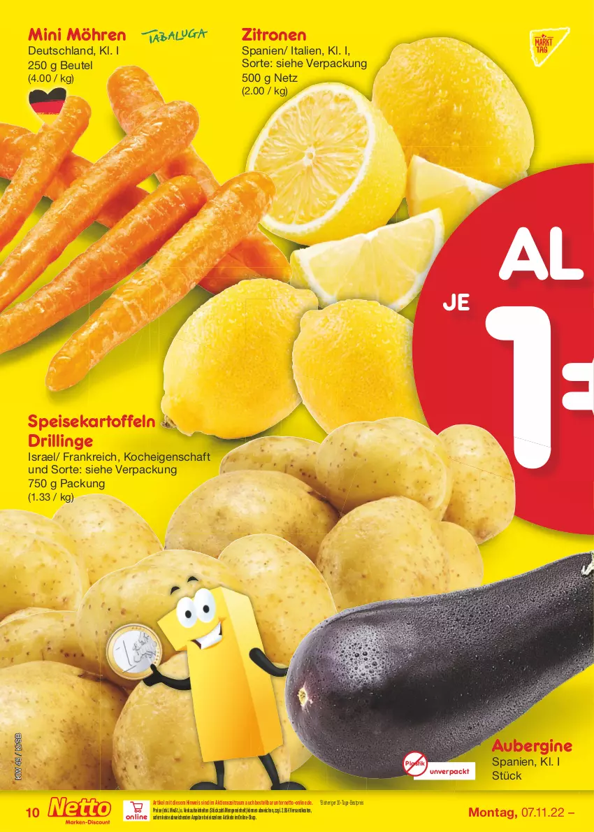 Aktueller Prospekt Netto Marken-Discount - Filial-Angebote - von 07.11 bis 12.11.2022 - strona 10 - produkty: asti, aubergine, bestpreis, beutel, eis, gin, kartoffel, kartoffeln, möhren, ndk, reis, speisekartoffeln, Ti, zitrone, zitronen