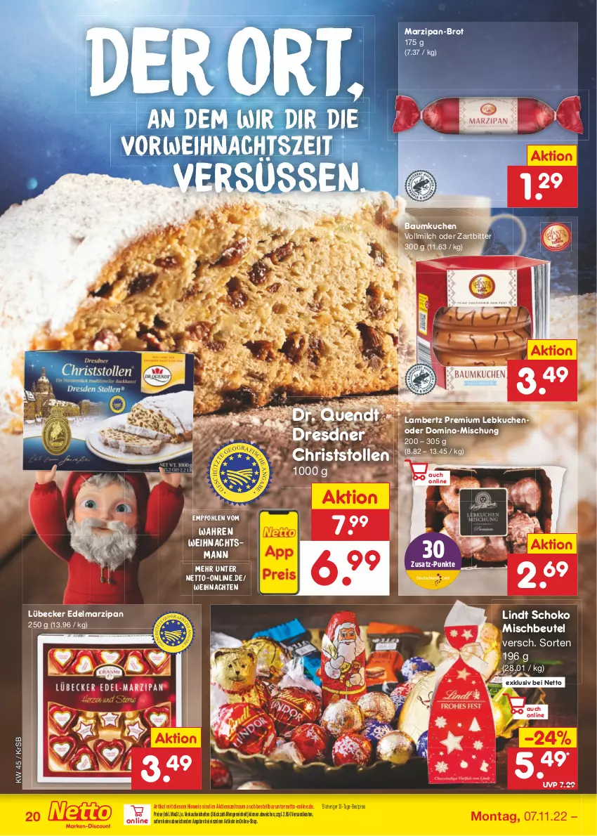 Aktueller Prospekt Netto Marken-Discount - Filial-Angebote - von 07.11 bis 12.11.2022 - strona 20 - produkty: Amber, Bau, bestpreis, beutel, brot, Edelmarzipan, eis, kuchen, lambertz, Lebkuchen, lindt, Lübecker, marzipan, milch, ndk, reis, rwe, schoko, Stollen, Ti, vollmilch, weihnachten, ZTE