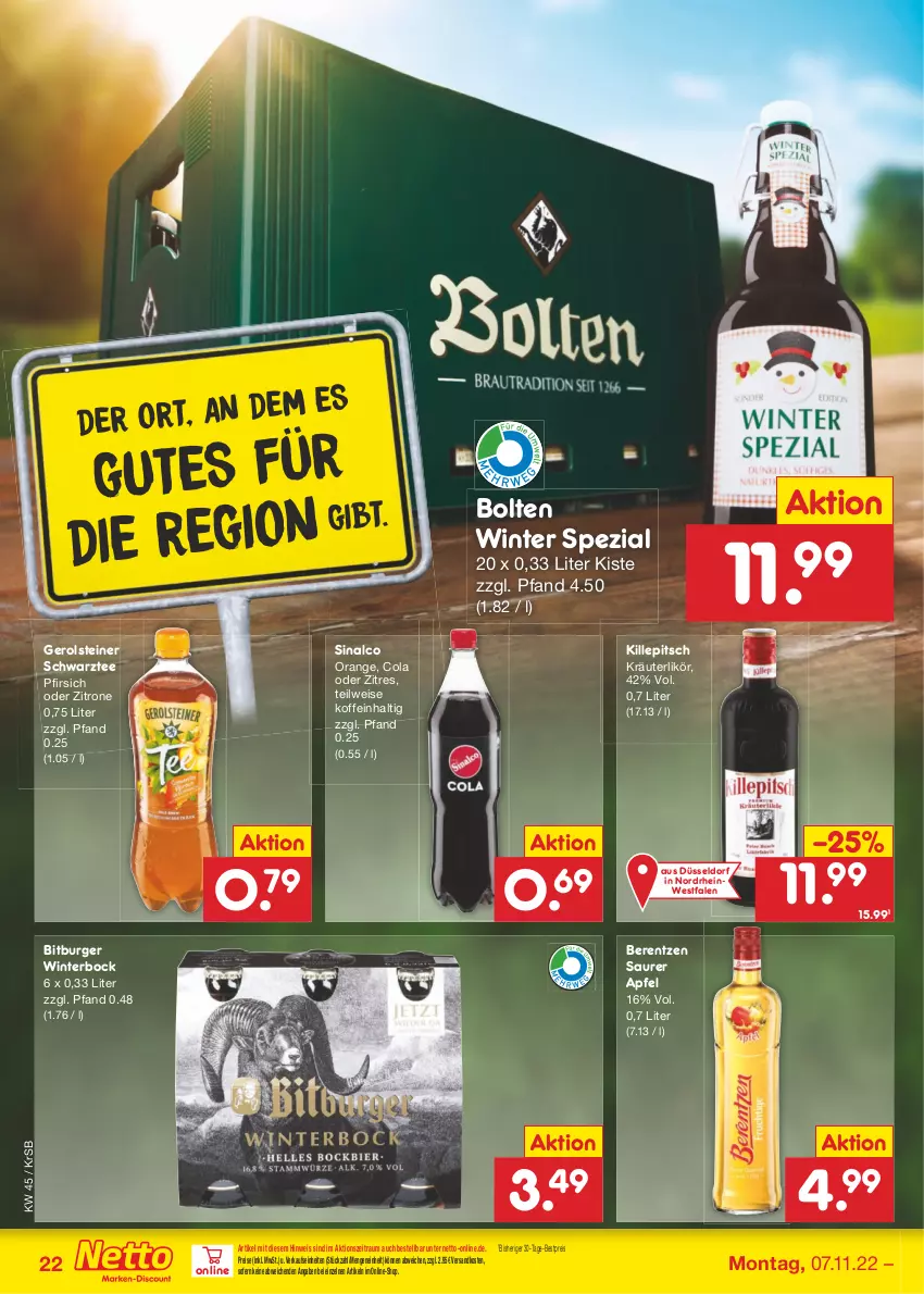 Aktueller Prospekt Netto Marken-Discount - Filial-Angebote - von 07.11 bis 12.11.2022 - strona 22 - produkty: apfel, berentzen, bestpreis, bitburger, burger, cola, eis, gerolsteine, gerolsteiner, kräuter, kräuterlikör, likör, ndk, orange, pfirsich, reis, sinalco, Spezi, steiner, tee, Ti, zitrone, ZTE