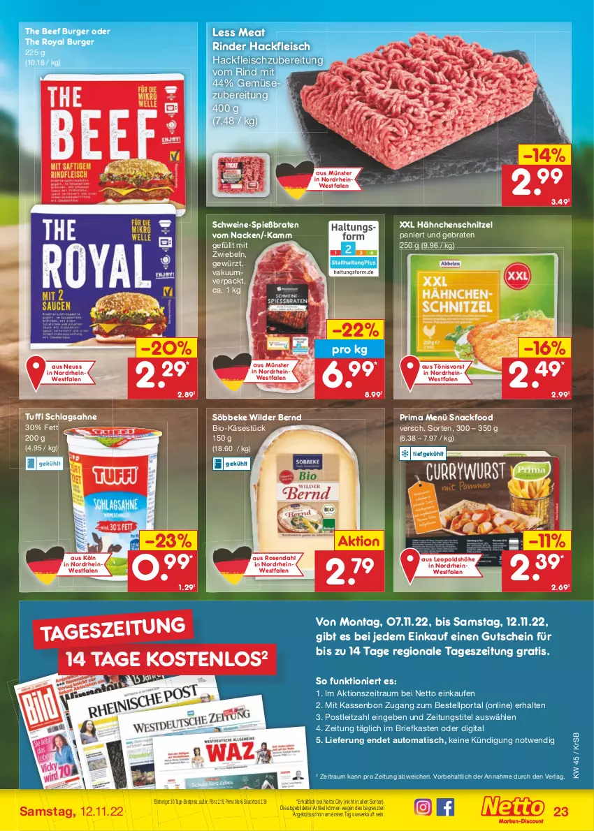 Aktueller Prospekt Netto Marken-Discount - Filial-Angebote - von 07.11 bis 12.11.2022 - strona 23 - produkty: angebot, auto, beef, bestpreis, bio, Bio-Käse, braten, brie, burger, eis, fleisch, gewürz, gutschein, hackfleisch, Hähnchenschnitzel, Käse, leitz, mit zwiebeln, reis, rind, rinder, rosen, sahne, schlagsahne, schnitzel, schwein, schweine, snack, söbbeke, Ti, tisch, wein, weine, Wild, Wilder Bernd, ZTE, zwiebel, zwiebeln