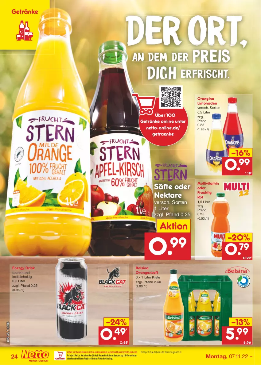 Aktueller Prospekt Netto Marken-Discount - Filial-Angebote - von 07.11 bis 12.11.2022 - strona 24 - produkty: bestpreis, drink, eis, energy drink, frucht, getränk, getränke, gin, limo, limonade, limonaden, ndk, Nektar, orange, orangen, orangensaft, orangina, reis, saft, säfte, Ti, vita