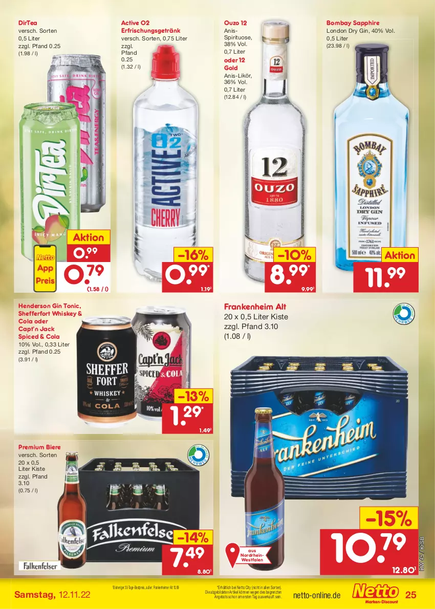 Aktueller Prospekt Netto Marken-Discount - Filial-Angebote - von 07.11 bis 12.11.2022 - strona 25 - produkty: angebot, bestpreis, bier, Biere, bombay sapphire, Cap, cola, dry gin, eimer, eis, enders, erfrischungsgetränk, getränk, gin, likör, london dry, london dry gin, ouzo, ouzo 12, reis, sapphire, Ti, tonic, whiskey, ZTE