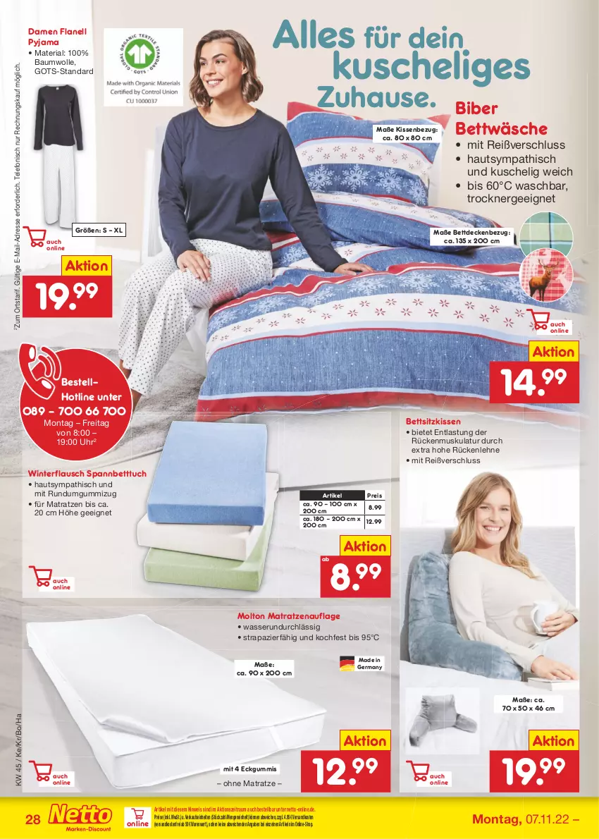 Aktueller Prospekt Netto Marken-Discount - Filial-Angebote - von 07.11 bis 12.11.2022 - strona 28 - produkty: Bau, baumwolle, bett, Betttuch, bettwäsche, decke, eis, Ergee, Germ, kissen, Kissenbezug, matratze, matratzen, matratzenauflage, molto, ndk, ohne matratze, Pyjama, reis, Ria, rückenlehne, sitzkissen, spannbetttuch, telefon, Ti, Trockner, tuc, uhr, versandkostenfrei, wasser, wolle