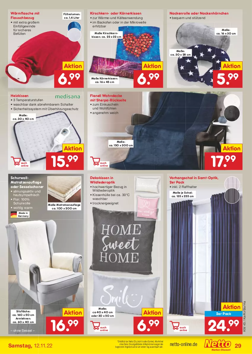 Aktueller Prospekt Netto Marken-Discount - Filial-Angebote - von 07.11 bis 12.11.2022 - strona 29 - produkty: angebot, armlehnen, backofen, decke, dekokissen, elle, Ergee, flasche, Germ, Heizkissen, hörnchen, kirsch, kissen, kissenhülle, LG, matratze, matratzen, matratzenauflage, mikrowelle, Ofen, Schal, sessel, Ti, Trockner, überhitzungsschutz, Wild, wolle, ZTE