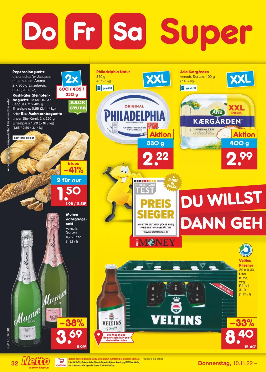 Aktueller Prospekt Netto Marken-Discount - Filial-Angebote - von 07.11 bis 12.11.2022 - strona 32 - produkty: angebot, arla, backofen, baguette, bestpreis, bio, eis, jahrgangssekt, Kærgården, korn, mumm, natur, ndk, Ofen, peperoni, Peroni, philadelphia, pils, pilsener, reis, sekt, steinofen, stube, Ti, Tiere, veltins, veltins pilsener