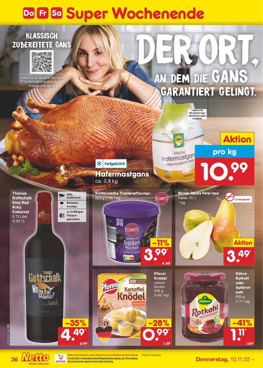 Aktueller Prospekt Netto Marken-Discount - Filial-Angebote - von 07.11 bis 12.11.2022 - strona 36 - produkty: apfel, asti, bestpreis, Birnen, cabernet, eis, fleisch, hafer, Knödel, Kühne, ndk, pfanni, pflaume, pflaumen, reis, rezept, rezepte, rotkohl, rotwein, Schal, Ti, wein