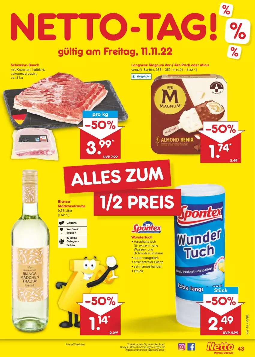 Aktueller Prospekt Netto Marken-Discount - Filial-Angebote - von 07.11 bis 12.11.2022 - strona 43 - produkty: angebot, Bau, bestpreis, bier, eier, eis, langnese, magnum, reifen, reis, schwein, schweine, schweine-bauch, Ti, tuc, wasser, wein, weine, Weißwein, ZTE