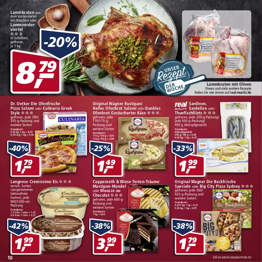 Aktueller Prospekt Real - Real Handzettel - von 14.02 bis 19.02.2022 - strona 10 - produkty: braten, brot, cola, coppenrath, cremissimo, culinaria, dell, die ofenfrische, Dr. Oetker, eis, elle, filet, filets, fisch, gin, Käse, lamm, langnese, langnese cremissimo, mandel, marzipan, mousse, Mousse au Chocolat, Ofen, olive, oliven, original wagner, pizza, reis, rezept, rezepte, Ria, rustipani, salami, Sardellen, Sardinen, sim, thunfisch, Ti, torte, wagner