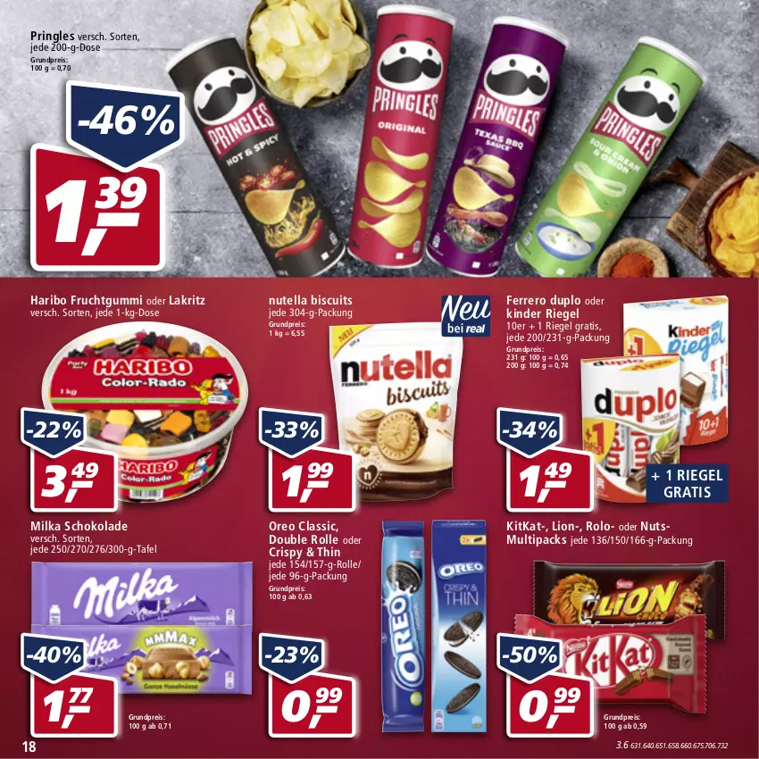 Aktueller Prospekt Real - Real Handzettel - von 14.02 bis 19.02.2022 - strona 18 - produkty: duplo, eis, ferrero, frucht, fruchtgummi, haribo, Kinder, kinder riegel, kitkat, Lakritz, lion, milka, milka schokolade, nutella, oder lakritz, oreo, pringles, reis, riegel, ring, schoko, schokolade, Ti